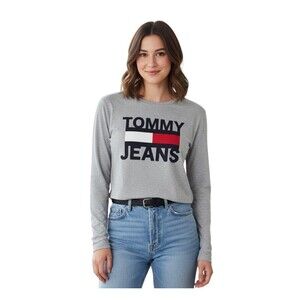 Tommy Jeans Shirt Womens XS Gray Long Sleeve Cropped Flag Logo Crewneck Comfort